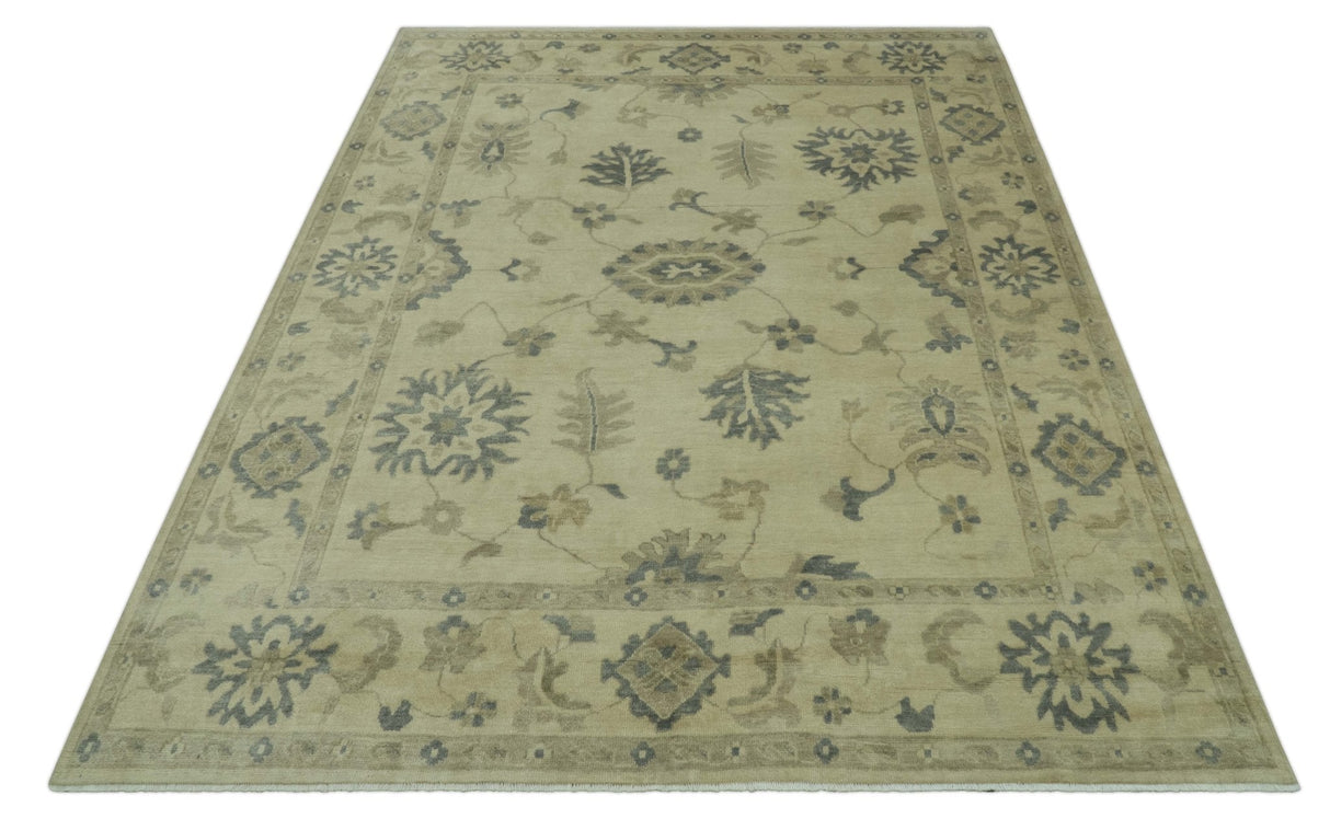Hand Knotted Beige And Blue Traditional Oushak Design 9x11 Wool Area Rug
