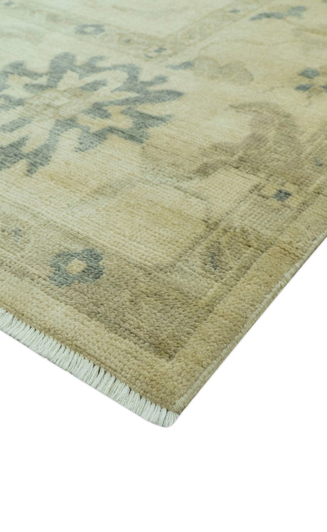 Hand Knotted Beige And Blue Traditional Oushak Design 9x11 Wool Area Rug