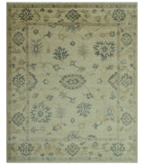 Hand Knotted Beige And Blue Traditional Oushak Design 9x11 Wool Area Rug