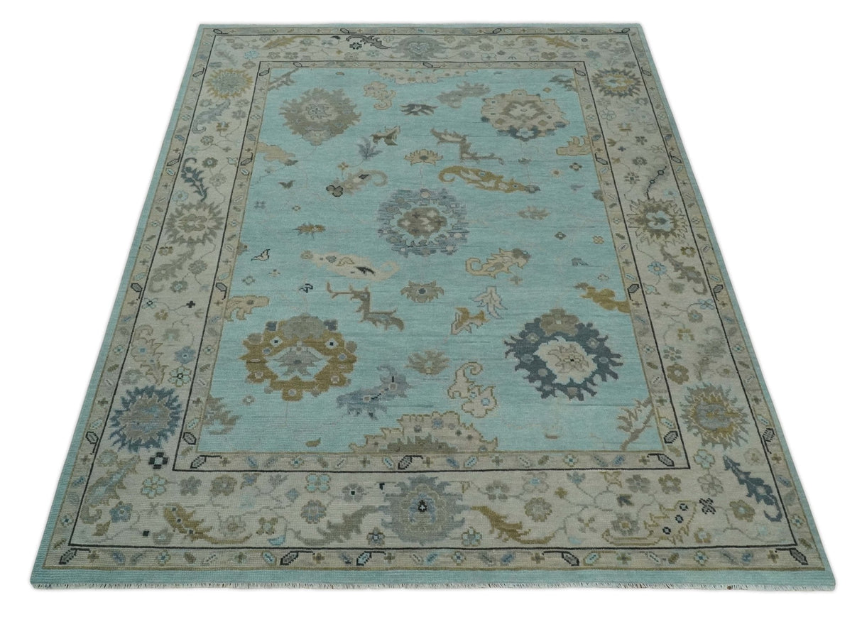 Hand Knotted Beige and Blue Traditional Oushak Design Wool Rug