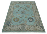 Hand Knotted Beige and Blue Traditional Oushak Design Wool Rug
