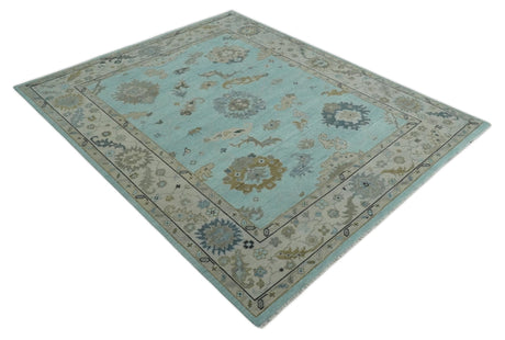 Hand Knotted Beige and Blue Traditional Oushak Design Wool Rug