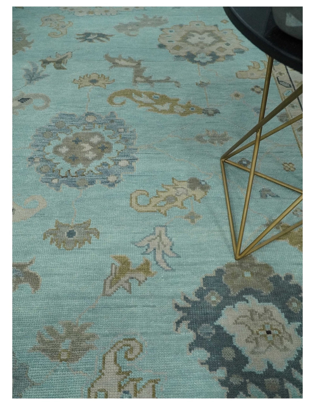 Hand Knotted Beige and Blue Traditional Oushak Design Wool Rug
