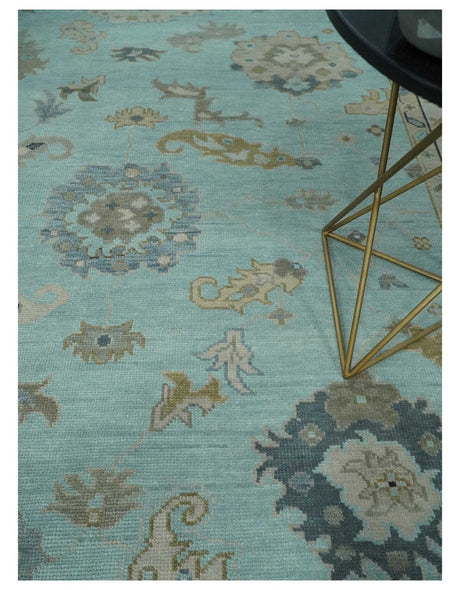 Hand Knotted Beige and Blue Traditional Oushak Design Wool Rug