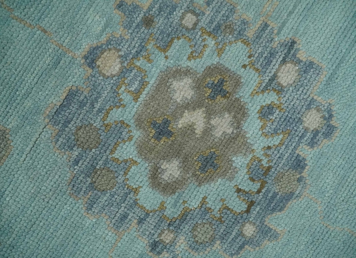 Hand Knotted Beige and Blue Traditional Oushak Design Wool Rug