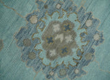 Hand Knotted Beige and Blue Traditional Oushak Design Wool Rug