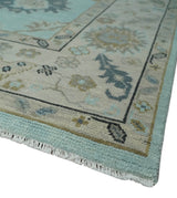 Hand Knotted Beige and Blue Traditional Oushak Design Wool Rug