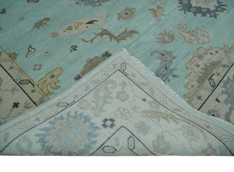 Hand Knotted Beige and Blue Traditional Oushak Design Wool Rug