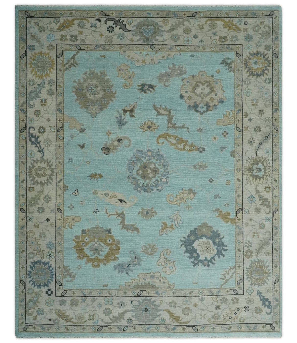 Hand Knotted Beige and Blue Traditional Oushak Design Wool Rug
