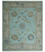 Hand Knotted Beige and Blue Traditional Oushak Design Wool Rug