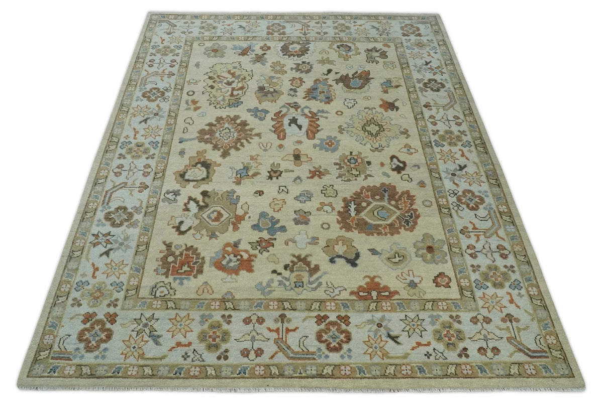 Hand Knotted Beige and Brown Traditional Oushak Wool Area Rug