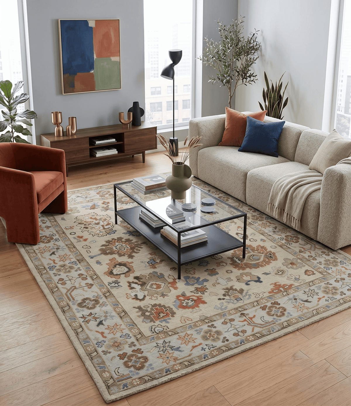 Hand Knotted Beige and Brown Traditional Oushak Wool Area Rug