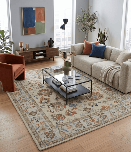 Hand Knotted Beige and Brown Traditional Oushak Wool Area Rug