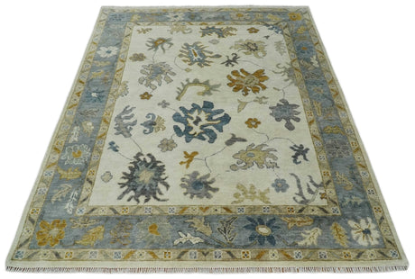Hand Knotted Beige And Gray Traditional Oushak Wool Rug
