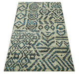 Hand Knotted Beige, Charcoal and Blue Antique Design Contemporary Recycled Silk Rug