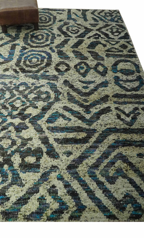 Hand Knotted Beige, Charcoal and Blue Antique Design Contemporary Recycled Silk Rug