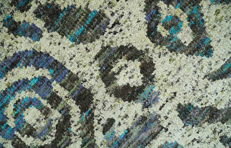 Hand Knotted Beige, Charcoal and Blue Antique Design Contemporary Recycled Silk Rug