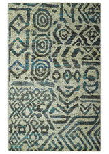 Hand Knotted Beige, Charcoal and Blue Antique Design Contemporary Recycled Silk Rug