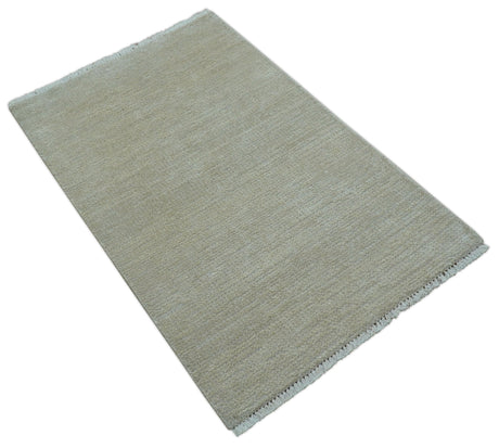 Hand Knotted Beige Modern Solid Design Wool And Silk Rug