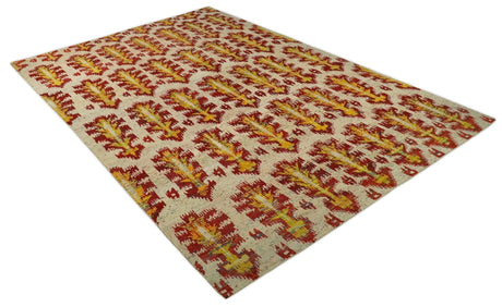 Hand Knotted Beige, Rust and Gold Modern Contemporary Southwestern Tribal Trellis Recycled Silk Area Rug