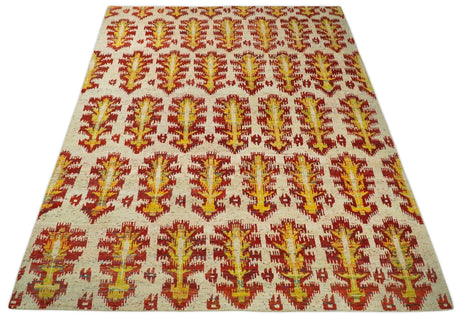 Hand Knotted Beige, Rust and Gold Modern Contemporary Southwestern Tribal Trellis Recycled Silk Area Rug