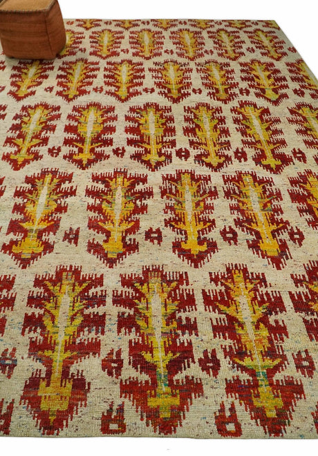 Hand Knotted Beige, Rust and Gold Modern Contemporary Southwestern Tribal Trellis Recycled Silk Area Rug
