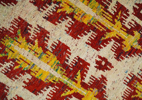 Hand Knotted Beige, Rust and Gold Modern Contemporary Southwestern Tribal Trellis Recycled Silk Area Rug