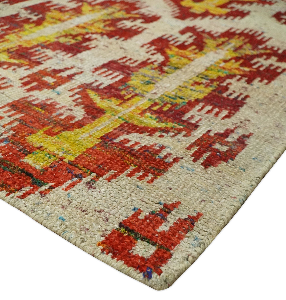 Hand Knotted Beige, Rust and Gold Modern Contemporary Southwestern Tribal Trellis Recycled Silk Area Rug
