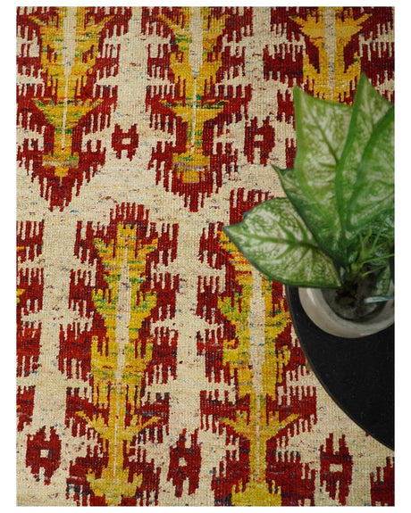 Hand Knotted Beige, Rust and Gold Modern Contemporary Southwestern Tribal Trellis Recycled Silk Area Rug
