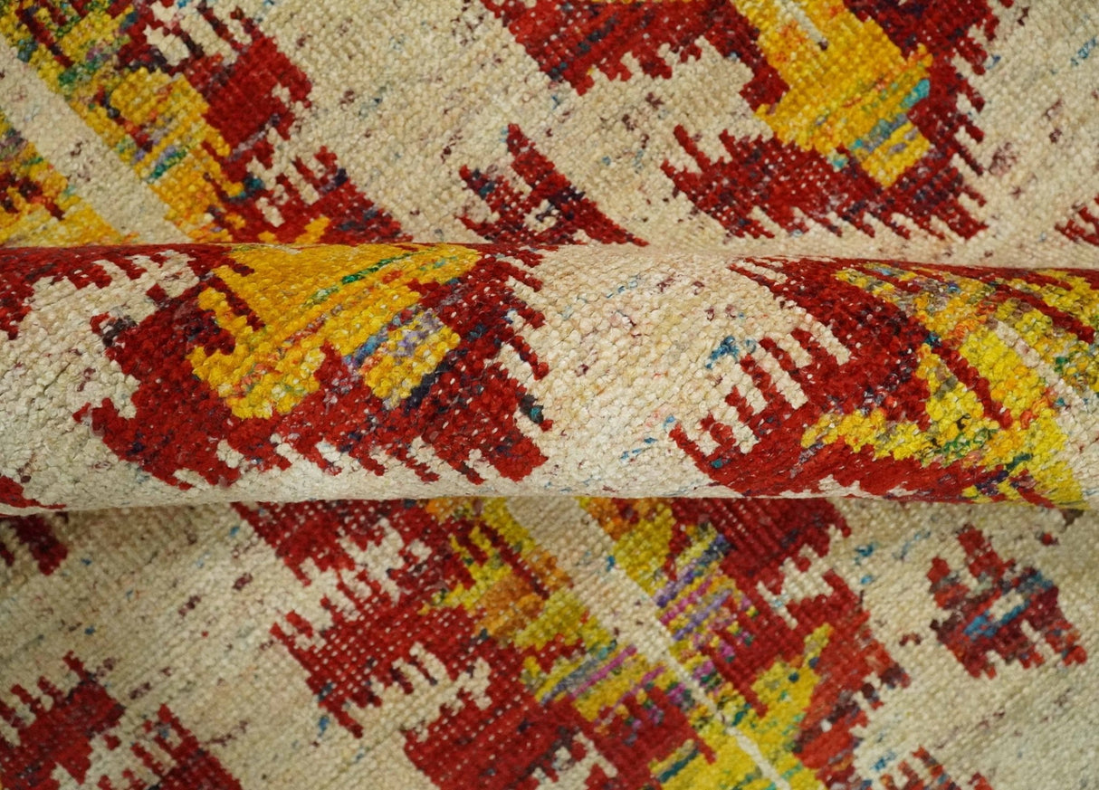 Hand Knotted Beige, Rust and Gold Modern Contemporary Southwestern Tribal Trellis Recycled Silk Area Rug