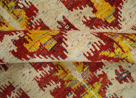 Hand Knotted Beige, Rust and Gold Modern Contemporary Southwestern Tribal Trellis Recycled Silk Area Rug