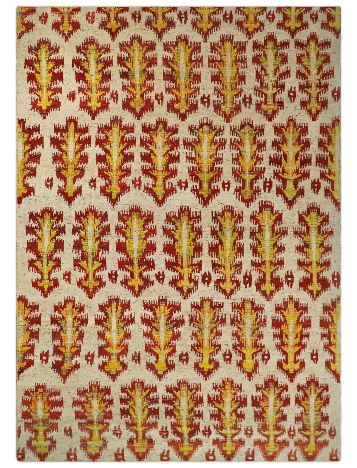 Hand Knotted Beige, Rust and Gold Modern Contemporary Southwestern Tribal Trellis Recycled Silk Area Rug