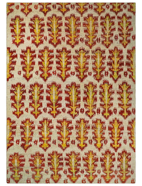 Hand Knotted Beige, Rust and Gold Modern Contemporary Southwestern Tribal Trellis Recycled Silk Area Rug