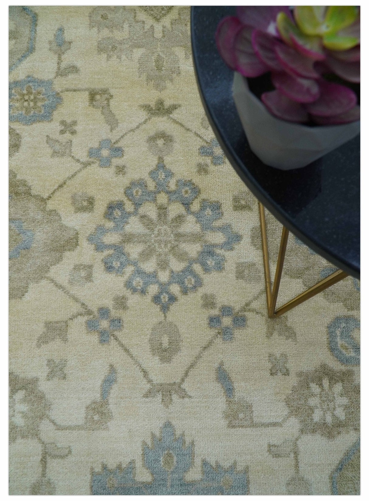 Hand Knotted Beige Traditional Oushak Design 9x12 Wool Rug