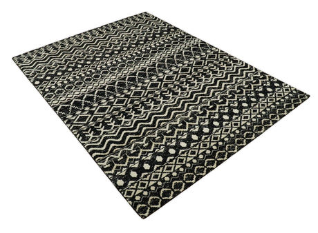 Hand Knotted Black and Ivory Modern Contemporary Southwestern Tribal Trellis Recycled Silk Area Rug