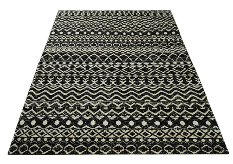 Hand Knotted Black and Ivory Modern Contemporary Southwestern Tribal Trellis Recycled Silk Area Rug