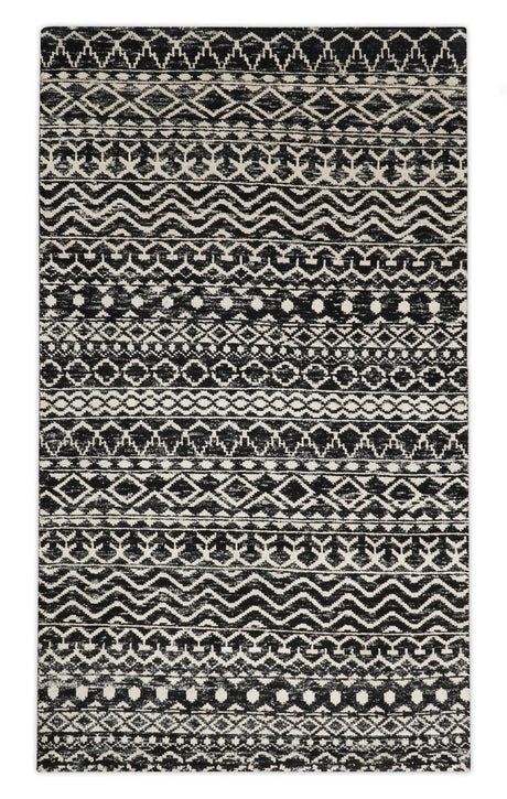 Hand Knotted Black and Ivory Modern Contemporary Southwestern Tribal Trellis Recycled Silk Area Rug