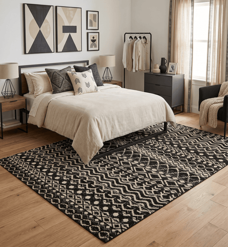 Hand Knotted Black and Ivory Modern Contemporary Southwestern Tribal Trellis Recycled Silk Area Rug