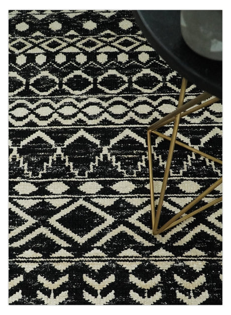 Hand Knotted Black and Ivory Modern Contemporary Southwestern Tribal Trellis Recycled Silk Area Rug