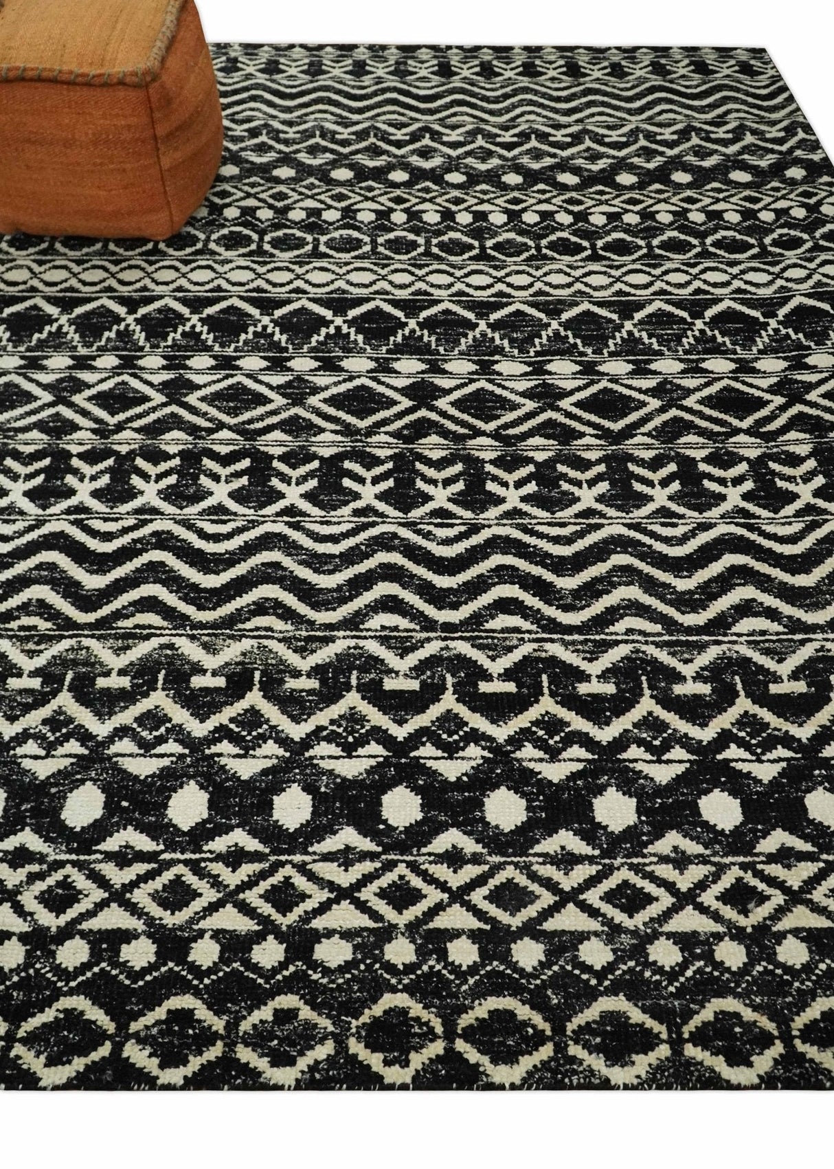Hand Knotted Black and Ivory Modern Contemporary Southwestern Tribal Trellis Recycled Silk Area Rug