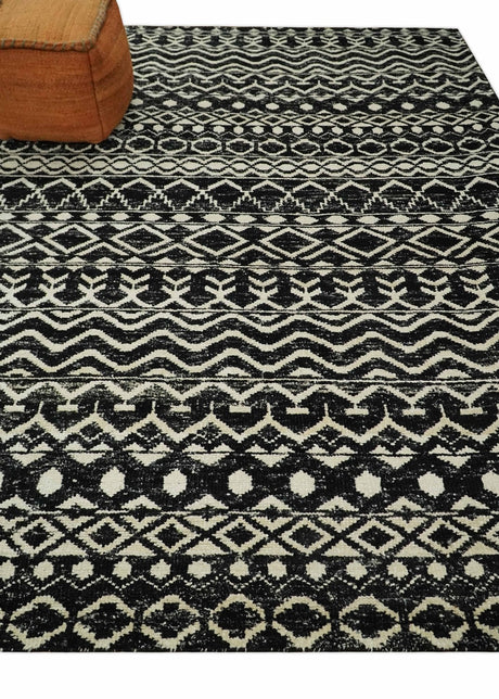 Hand Knotted Black and Ivory Modern Contemporary Southwestern Tribal Trellis Recycled Silk Area Rug