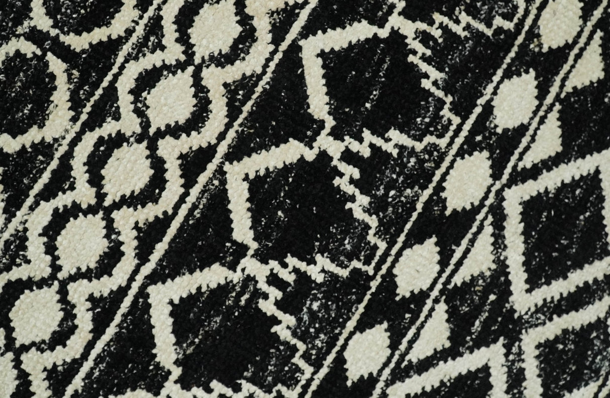 Hand Knotted Black and Ivory Modern Contemporary Southwestern Tribal Trellis Recycled Silk Area Rug