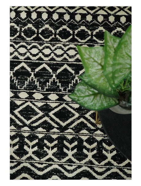 Hand Knotted Black and Ivory Modern Contemporary Southwestern Tribal Trellis Recycled Silk Area Rug