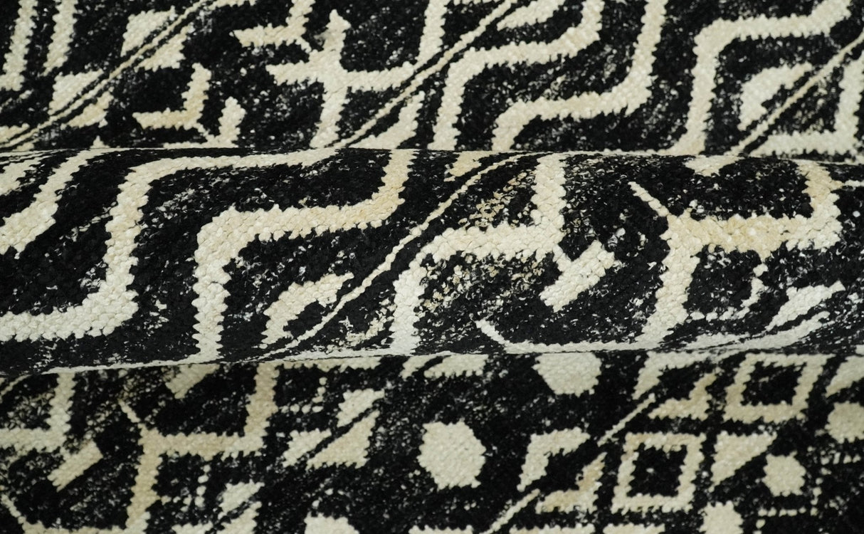 Hand Knotted Black and Ivory Modern Contemporary Southwestern Tribal Trellis Recycled Silk Area Rug