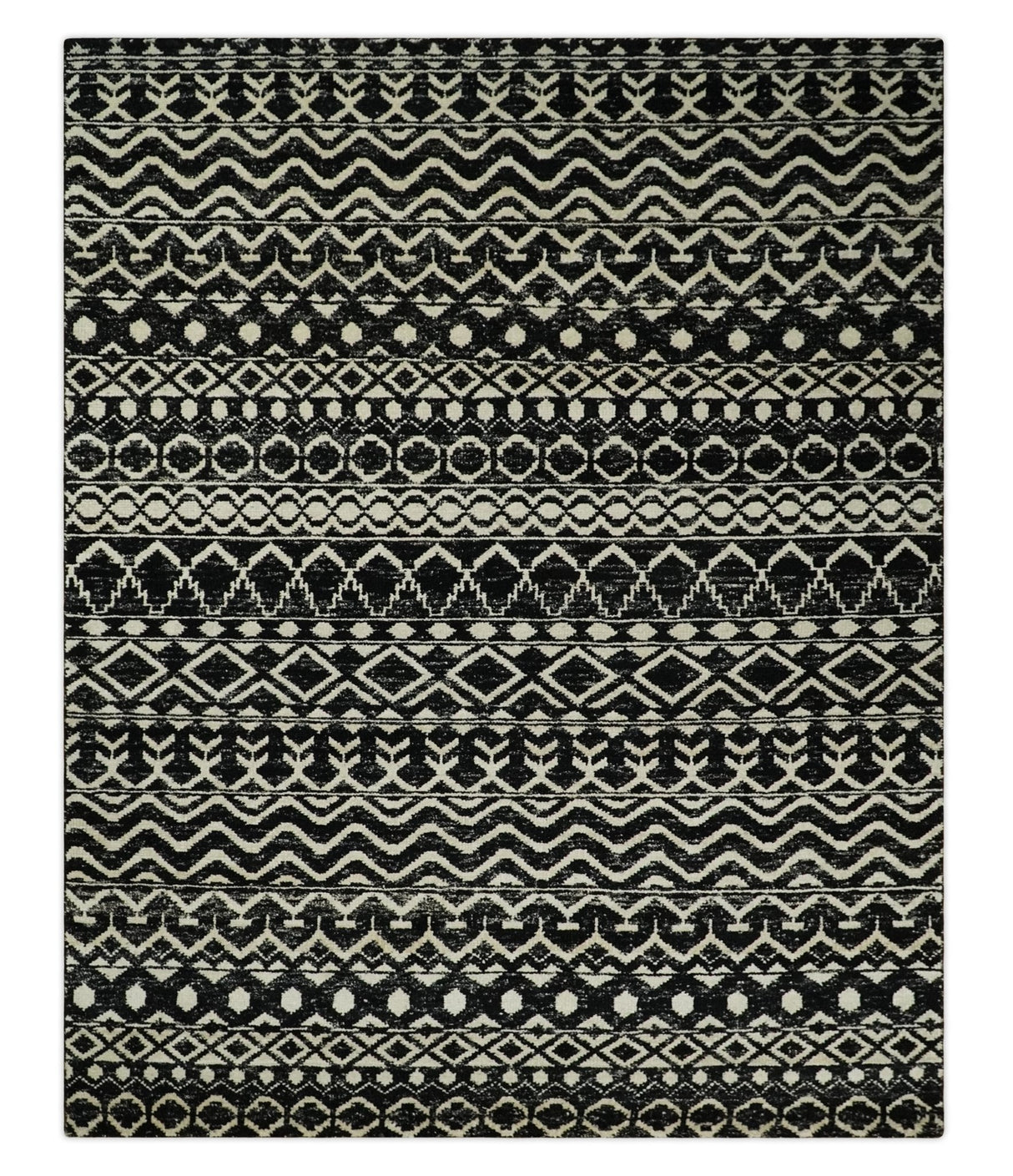 Hand Knotted Black and Ivory Modern Contemporary Southwestern Tribal Trellis Recycled Silk Area Rug