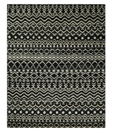 Hand Knotted Black and Ivory Modern Contemporary Southwestern Tribal Trellis Recycled Silk Area Rug