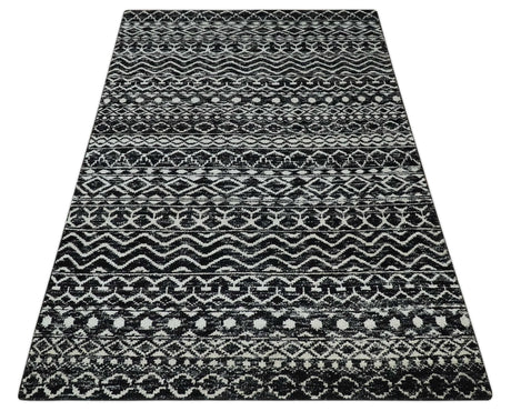 Hand Knotted Black and Ivory Modern Contemporary Tribal Trellis Recycled Silk Area Rug