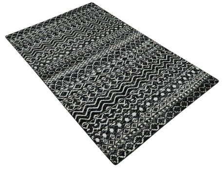 Hand Knotted Black and Ivory Modern Contemporary Tribal Trellis Recycled Silk Area Rug