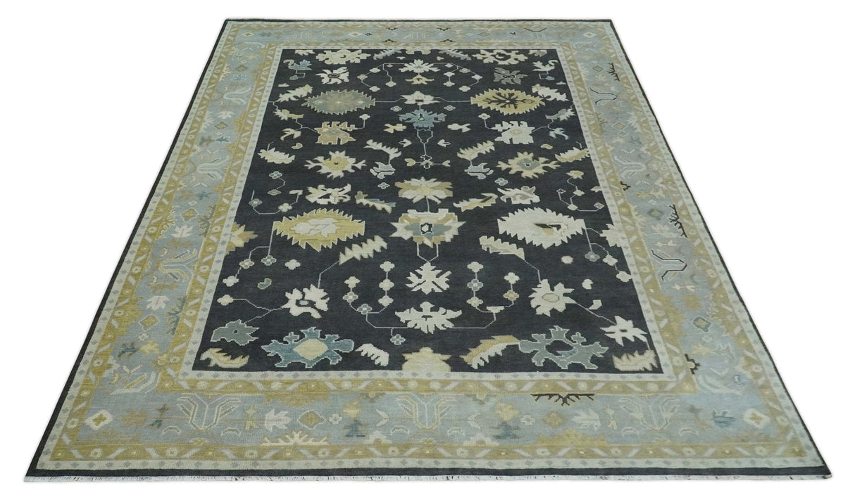 Hand Knotted Black, Beige and Silver Traditional Oushak Wool Rug