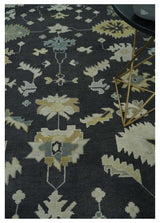 Hand Knotted Black, Beige and Silver Traditional Oushak Wool Rug